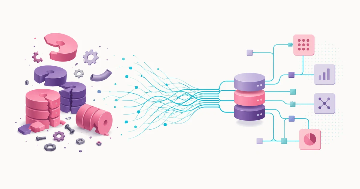 Diagrama editorial: base de datos rota → datos estructurados